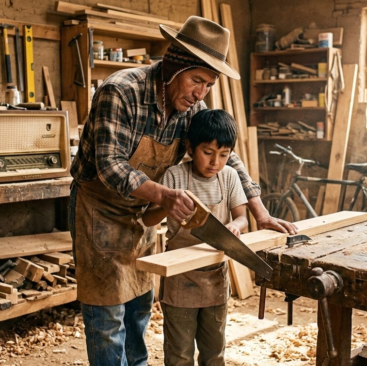 Fotograf&iacute;a art&iacute;stica de un carpintero boliviano trabajando madera junto a su hijo, simbolizando la tradici&oacute;n del 19 de marzo y el legado familiar.